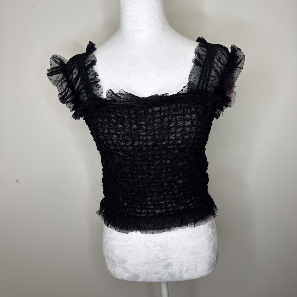 NWT Free People Lace Sheer Ruffle Crop Top M Black Whimsigoth Fairy Grunge Dot